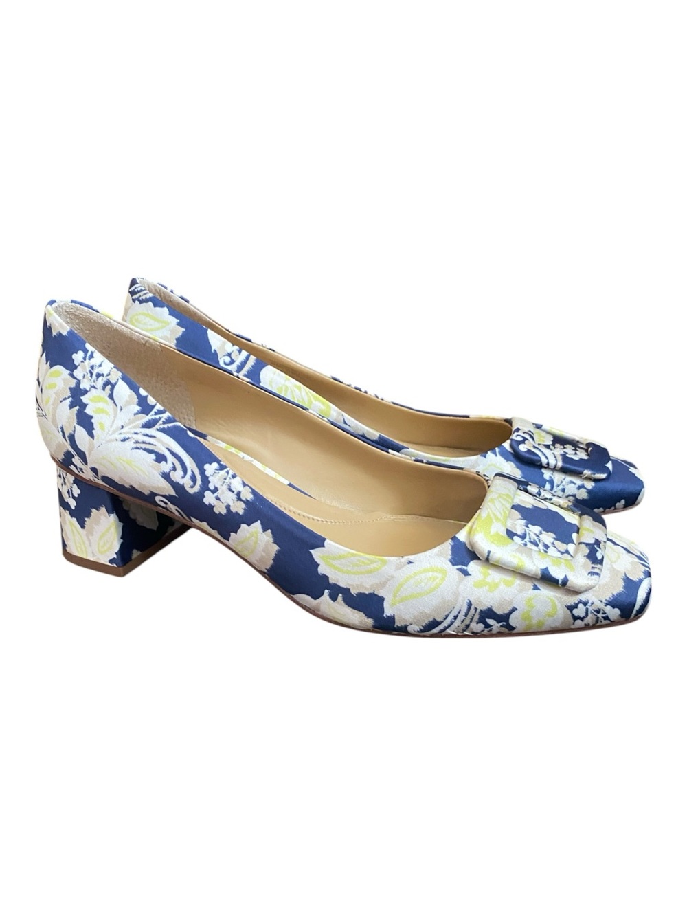 Talbots Carlye Buckle Block Heel Pumps Size 9.5 Blossom Ikat Sateen Fabric Blue